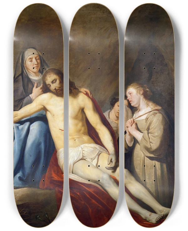 Triptych art skateboard deck of Pieter Fransz De Grebber The Lamentation by Pieter Fransz De Grebber (1600-1652)