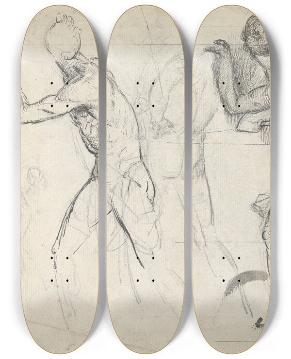 Triptych art skateboard deck of Thomas Stothard Sketch Of Classical Figures In Action by Thomas Stothard (1755-1834)