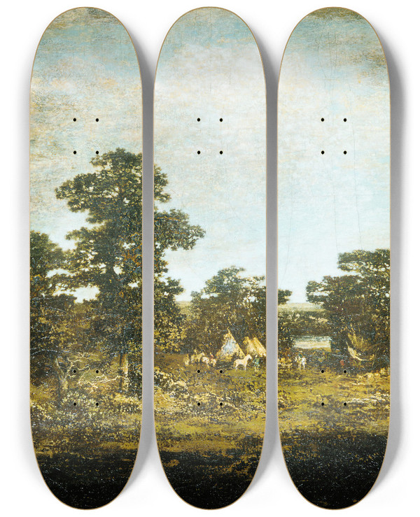 Triptych art skateboard deck of Ralph Albert Blakelock An Indian Encampment by Ralph Albert Blakelock (1847-1919)