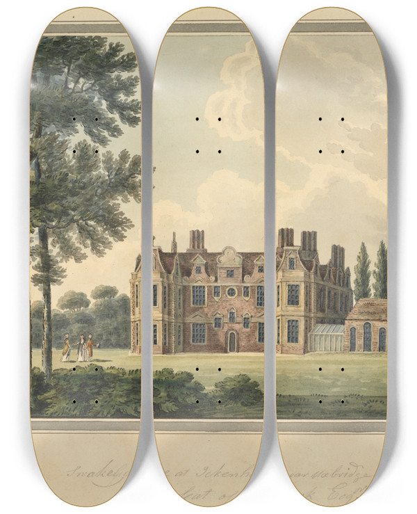 Triptych art skateboard deck of Charles Tomkins Swakeley House Middlesex by Charles Tomkins