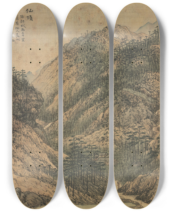 Triptych art skateboard deck of Song Xu Xianding Immortals Peak by Song Xu (1525-1606)