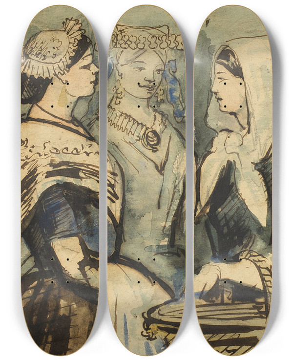 Triptych art skateboard deck of Constantin Guys Three Servant Women by Constantin Guys (1805-1892)