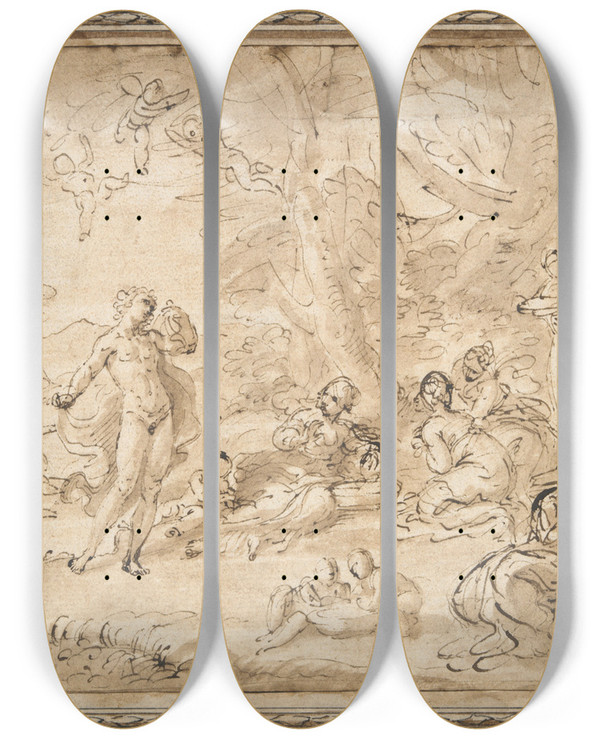 Triptych art skateboard deck of Pier Francesco Mola Apollo Anddaphne by Pier Francesco Mola (1612-1666)