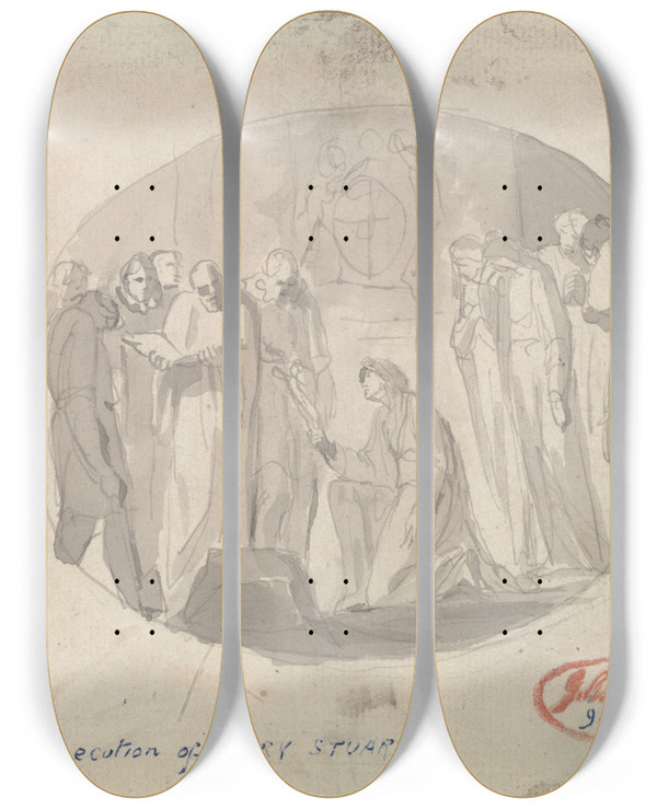 Triptych art skateboard deck of George Romney Execution Of Mary Stuart by George Romney (1734-1802)