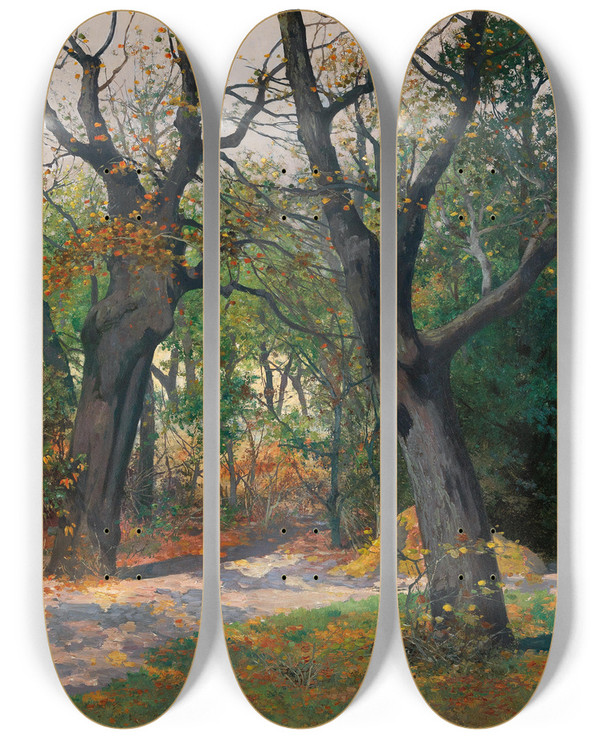 Triptych art skateboard deck of Adolf Kaufmann Autumn Morning by Adolf Kaufmann (1848-1916)