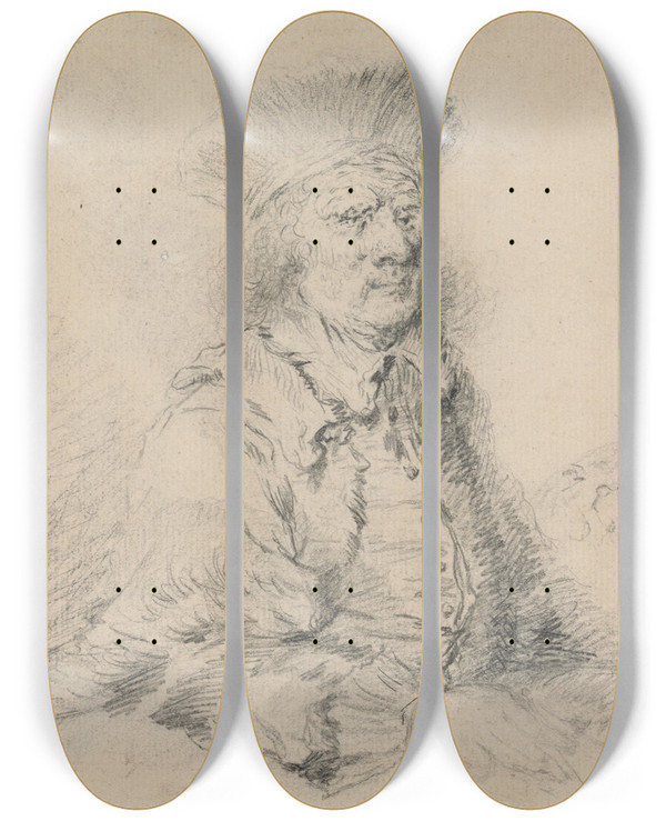 Triptych art skateboard deck of Thomas Worlidge Rembrandt In A Fur Hat by Thomas Worlidge (1700-1766)