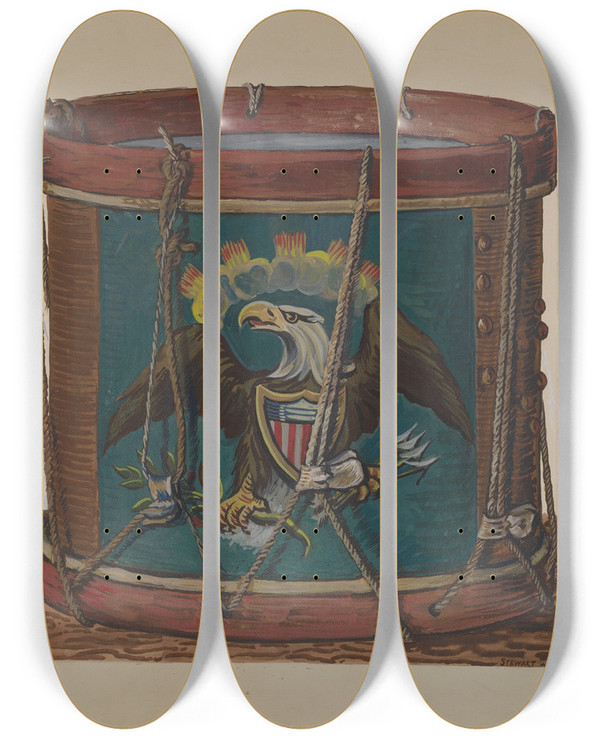 Triptych art skateboard deck of Stewart Wheeler Drum by Stewart Wheeler