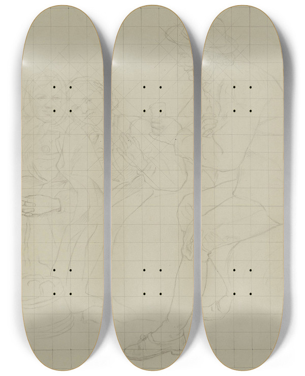 Triptych art skateboard deck of Adolph Tidemand Mann Og To Kvinner I Samtale by Adolph Tidemand (1814-1876)