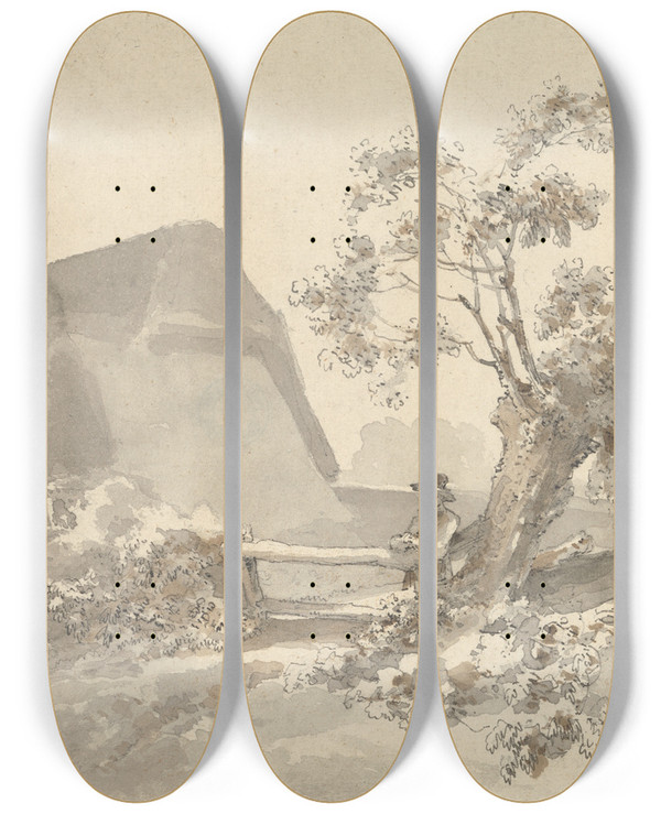 Triptych art skateboard deck of John Thomas Smith Man Beside A Stile by John Thomas Smith (1766-1833)