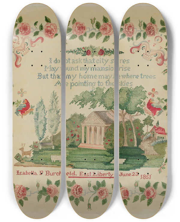 Triptych art skateboard deck of Eva Wilson Sampler_3 by Eva Wilson