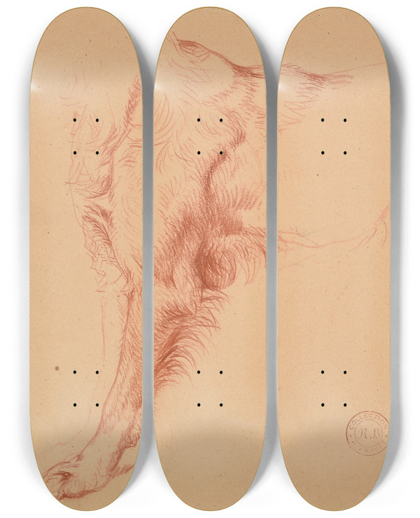 Triptych art skateboard deck of Jacquesraymond Brascassat Tude De Patte De Chien_1 by Jacques Raymond Brascassat (1804-1867)
