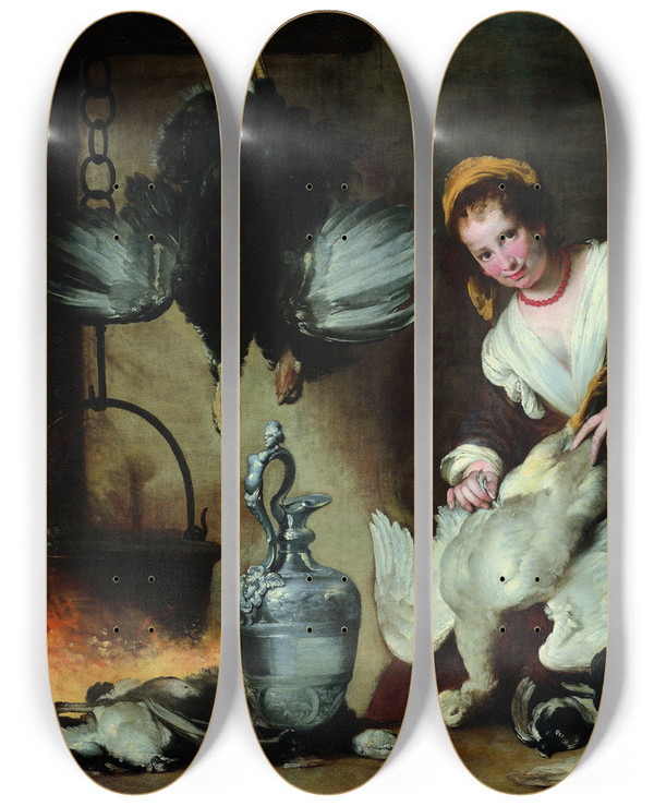 Triptych art skateboard deck of Bernardo Strozzi The Cook by Bernardo Strozzi (1581-1644)