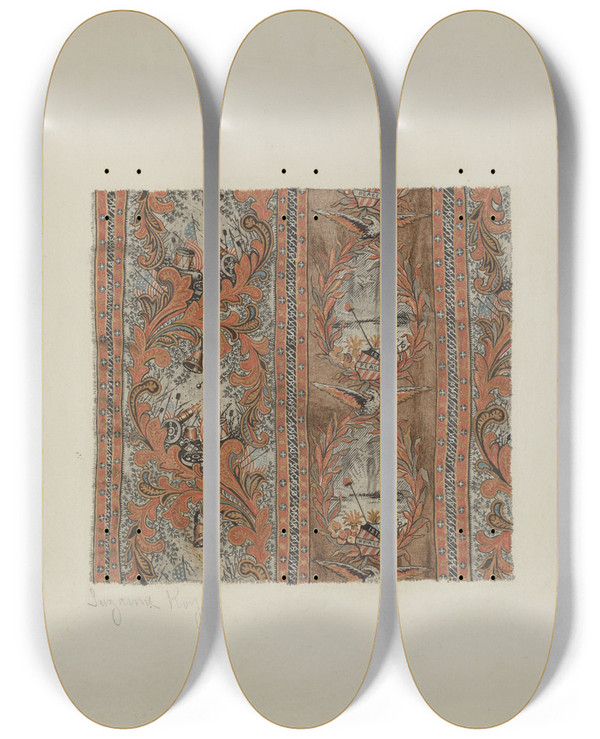 Triptych art skateboard deck of Suzanne Roy Historical Printed Textile by Suzanne Roy