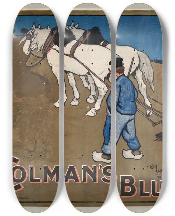 Triptych art skateboard deck of Cecil Charles Windsor Aldin Colmans Blue by Cecil Charles Windsor Aldin (1870-1935)