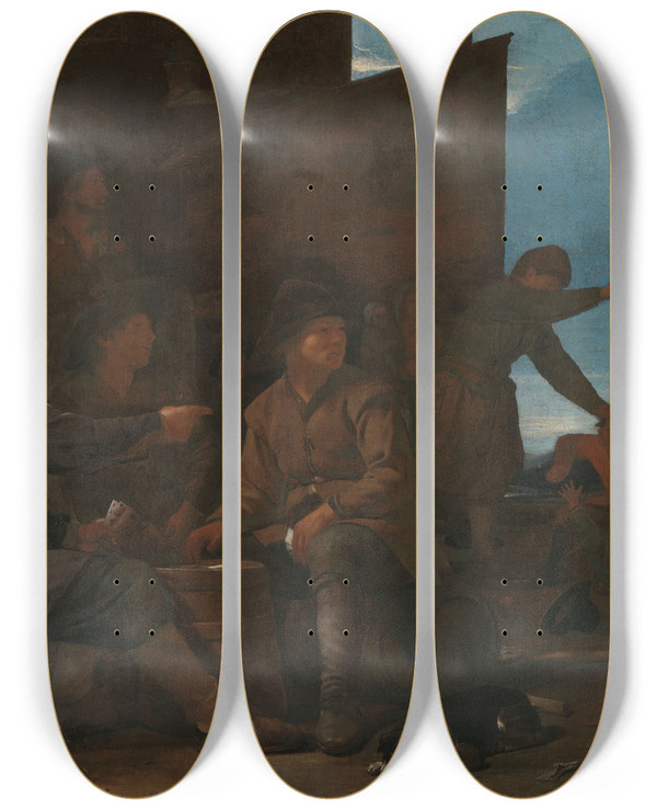 Triptych art skateboard deck of Michael Sweerts The Card Players by Michael Sweerts (1618-1664)