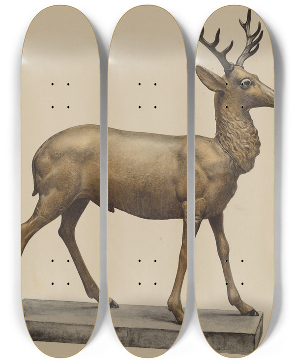 Triptych art skateboard deck of Elisabeth Fulda Deer Lawn Figure by Elisabeth Fulda