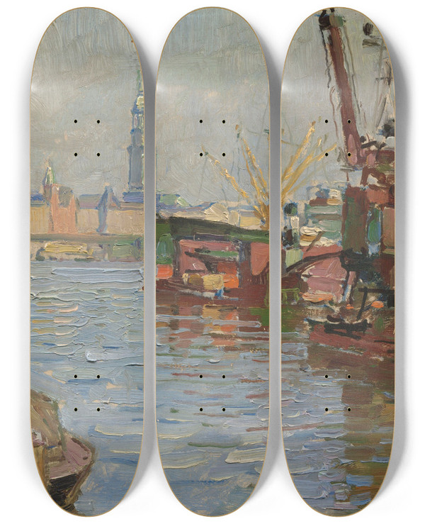Triptych art skateboard deck of Carl Moll Der Hamburger Hafen by Carl Moll (1861-1945)