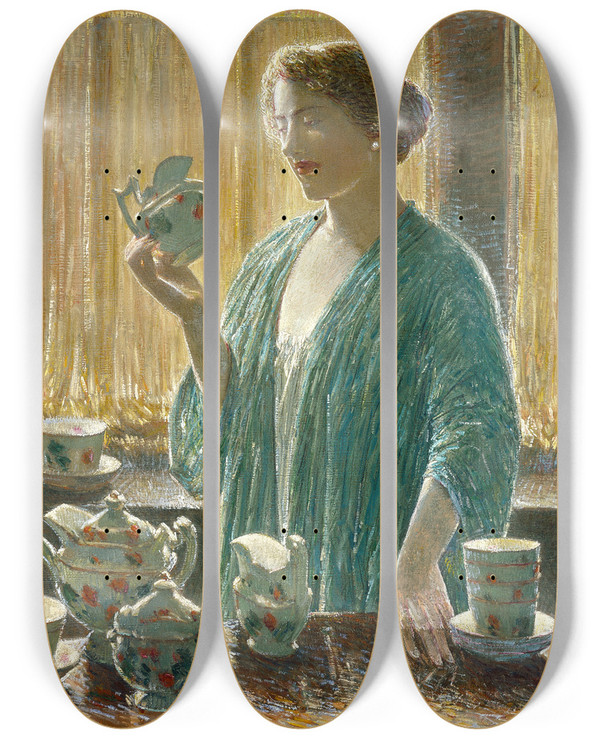 Triptych art skateboard deck of Childe Hassam Strawberry Tea Set by Childe Hassam (1859-1935)