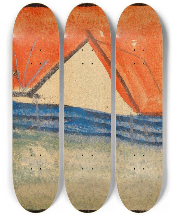 Triptych art skateboard deck of Egon Schiele Abstrahierter Giebel Hinter Einem Zaun by Egon Schiele (1890-1918)