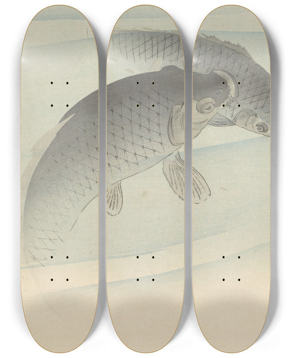 Triptych art skateboard deck of Ohara Koson Two Carps_1 by Ohara Koson (1877-1945)