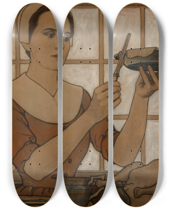 Triptych art skateboard deck of Guernsey Moore Thanksgiving by Guernsey Moore (1874-1925)