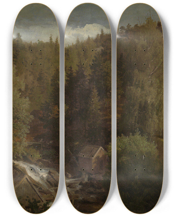 Triptych art skateboard deck of Hans Gude Landscape With A Mill_1 by Hans Gude (1825-1903)