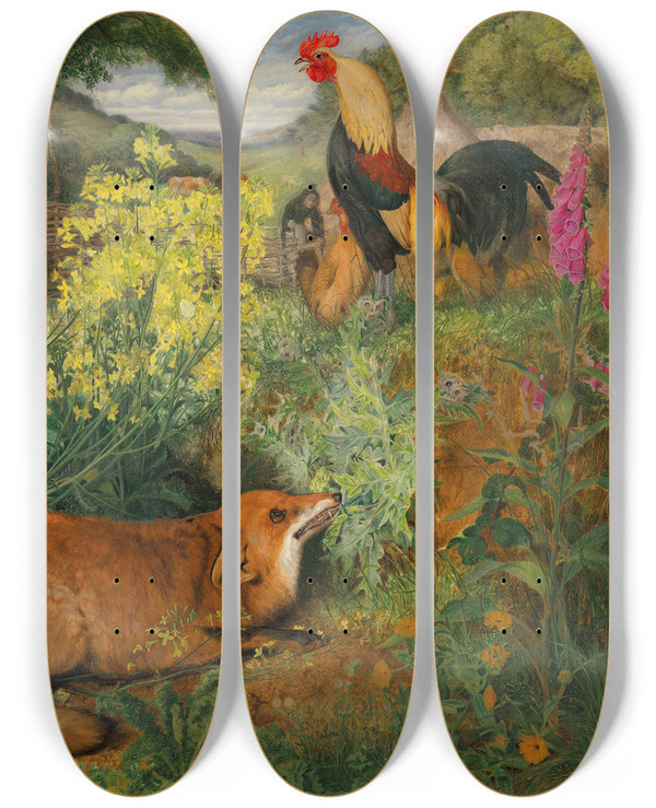 Triptych art skateboard deck of William James Webbe Chanticleer And The Fox by William James Webbe (1830-1904)