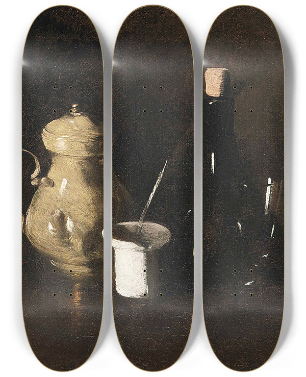 Triptych art skateboard deck of Thodule Ribot Refreshment by Theodule Ribot (1823-1891)