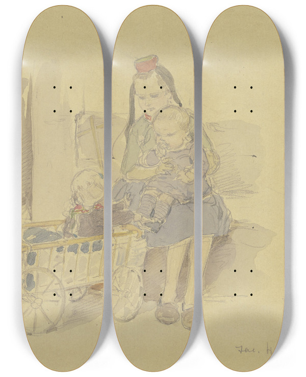 Triptych art skateboard deck of Jacob Happ Drei Kinder Mit Leiterwagen by Jacob Happ (1861-1936)