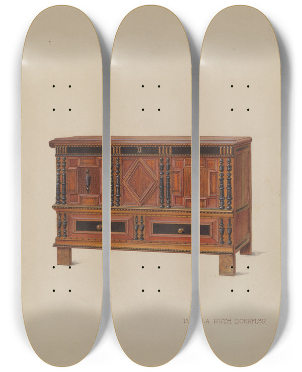 Triptych art skateboard deck of Isabella Ruth Doerfler Chest With Two Drawers_1 by Isabella Ruth Doerfler