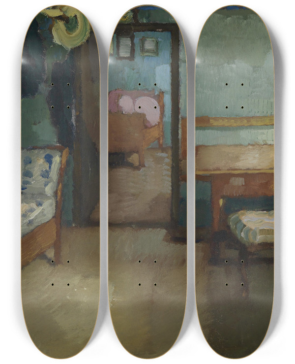 Triptych art skateboard deck of Leo Putz Interieur by Leo Putz (1869-1940)