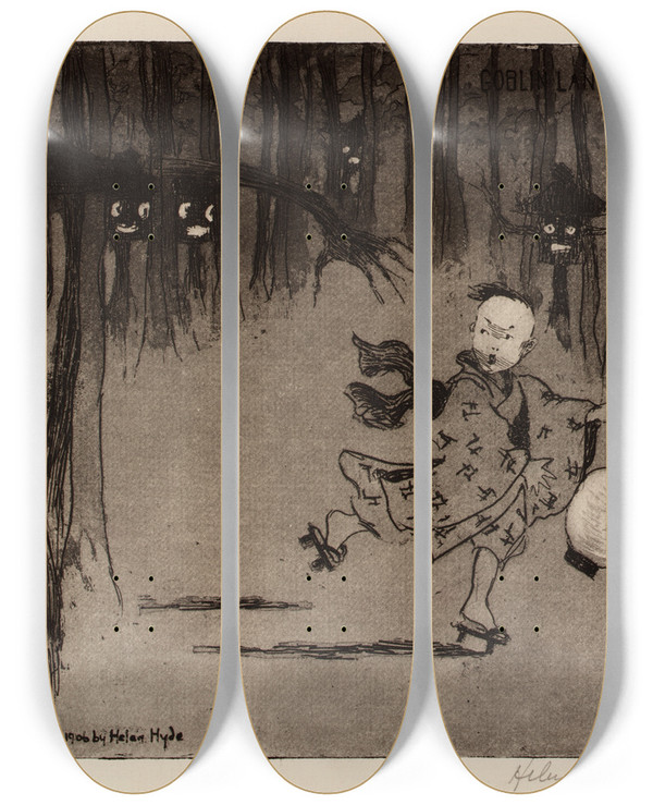 Triptych art skateboard deck of Helen Hyde Goblin Lanterns by Helen Hyde (1868-1919)