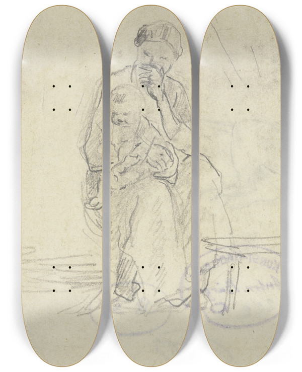 Triptych art skateboard deck of Anton Burger Hinterlufe Eines Liegenden Huftieres by Anton Burger (1824-1905)