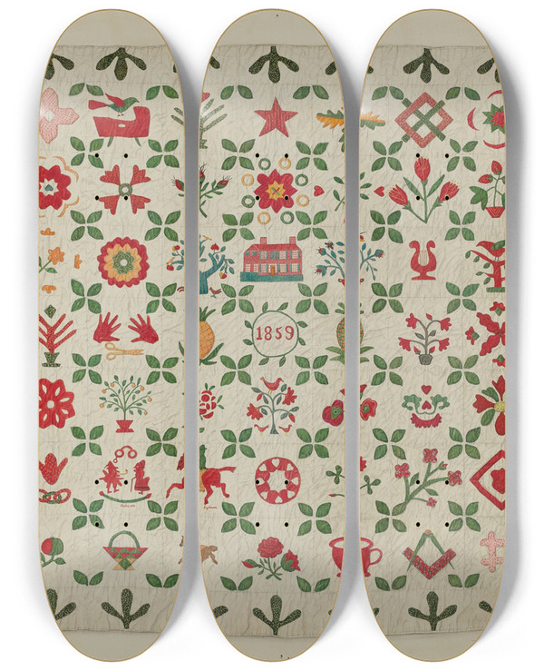 Triptych art skateboard deck of Margaret Concha Applique Quilt by Margaret Concha
