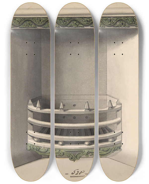 Triptych art skateboard deck of Benjamin Dean Wyatt Design For Castiron Grate Elevation And Plan by Benjamin Dean Wyatt (1775-1852)