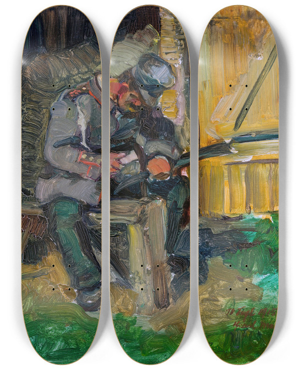 Triptych art skateboard deck of Hiasl Maiererding Dengelnder Landsturmmann by Hiasl Maier-Erding (1894-1933)