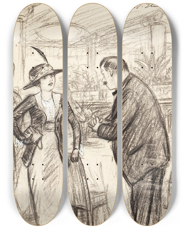 Triptych art skateboard deck of William James Glackens Couple At A Caf by William James Glackens (1870-1938)