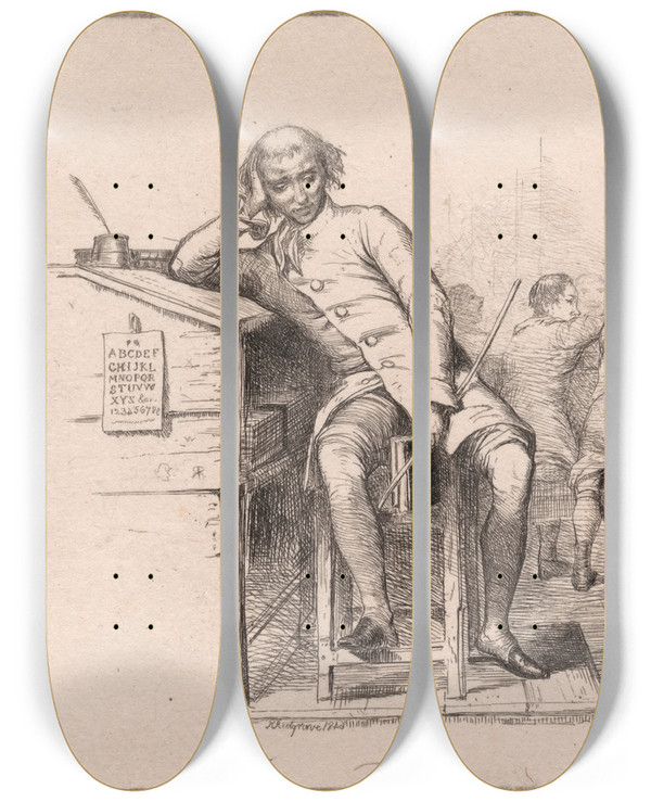 Triptych art skateboard deck of Richard Redgrave School Master In Classroom by Richard Redgrave (1804-1888)