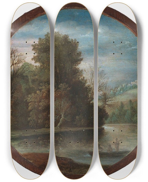 Triptych art skateboard deck of Paul Bril A River Landscape by Paul Bril (1554-1626)