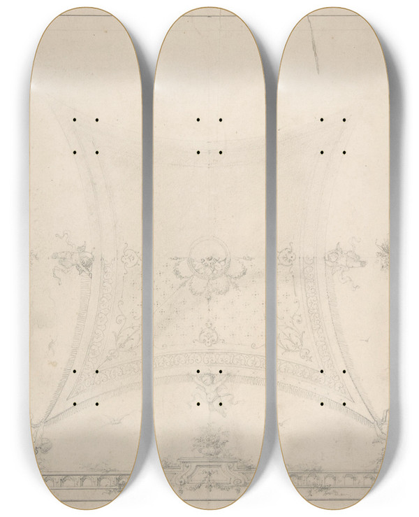 Triptych art skateboard deck of Charles Monblond Designs For Ceiling_2 by Charles Monblond (19-)