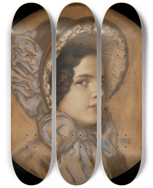 Triptych art skateboard deck of Franz Von Stuck Daughter Mary With A Frilly Hat by Franz Von Stuck (1863-1928)