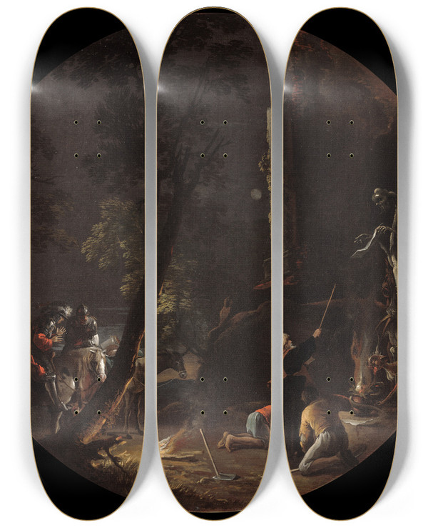 Triptych art skateboard deck of Salvator Rosa Scenes Of Witchcraft Night by Salvator Rosa (1615-1673)