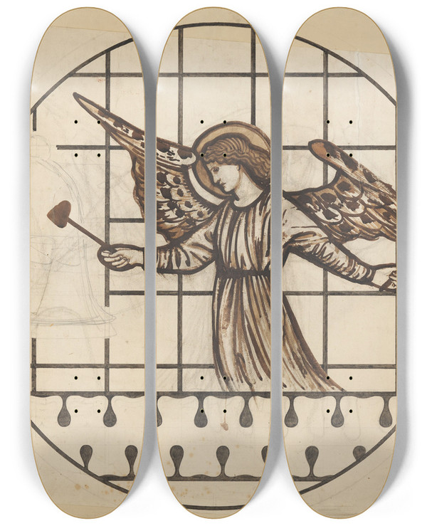 Triptych art skateboard deck of Sir Edward Coley Burnejones Angel Playing On Bells_3 by Sir Edward Coley Burne-Jones (1833-1898)