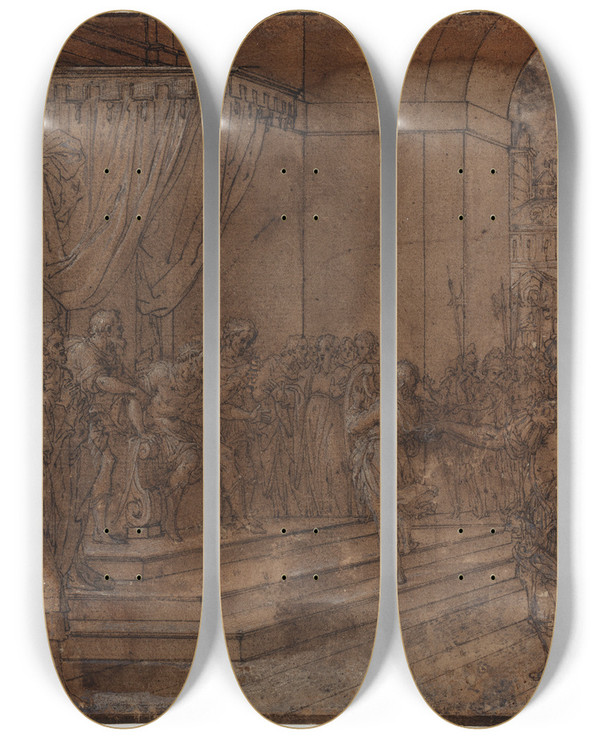 Triptych art skateboard deck of Bartolommeo Cesi David Spiller Harpe For Sauls Trone by Bartolommeo Cesi