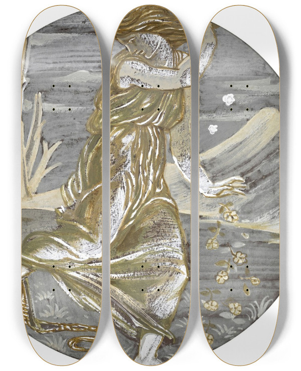 Triptych art skateboard deck of Sir Edward Coley Burnejones Eurydice Bitten By A Serpent by Sir Edward Coley Burne-Jones (1833-1898)