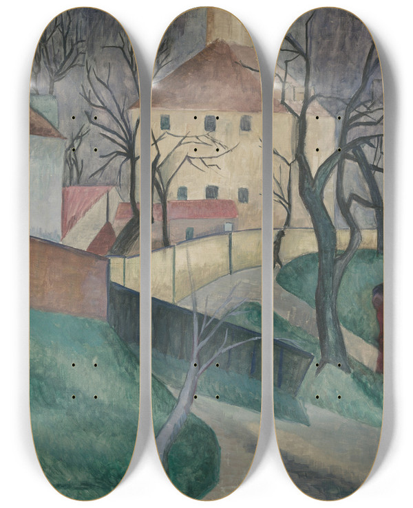 Triptych art skateboard deck of Dora Bromberger Autumnchilliness by Dora Bromberger (1881-1942)