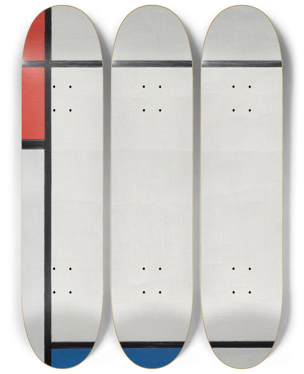 Triptych art skateboard deck of Piet Mondrian Composition With Red Yellow And Blue by Piet Mondrian (1872-1944)