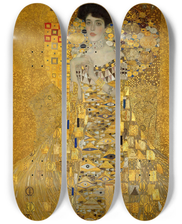 Triptych art skateboard deck of Gustav Klimt Portrait Ofadele Blochbauer I by Gustav Klimt (1862-1918)