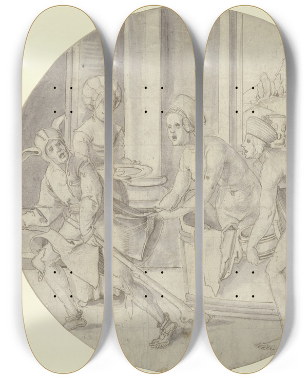 Triptych art skateboard deck of Hans Von Kulmbach Jester In The Ladies Pool by Hans Von Kulmbach (1480-1522)