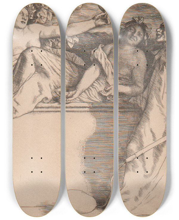 Triptych art skateboard deck of William Strang The Feast Of Bacchus by William Strang (1859-1921)